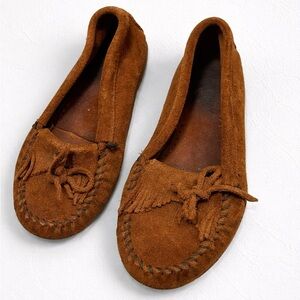 Minnetonka Suede Moccasins Brown Fringe Leather Flats 8.5